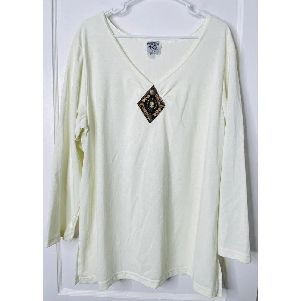 Vtg Spoiled Rotton USA Tunic Top 2X Beaded Brooch Accent Ivory V-Neck Women